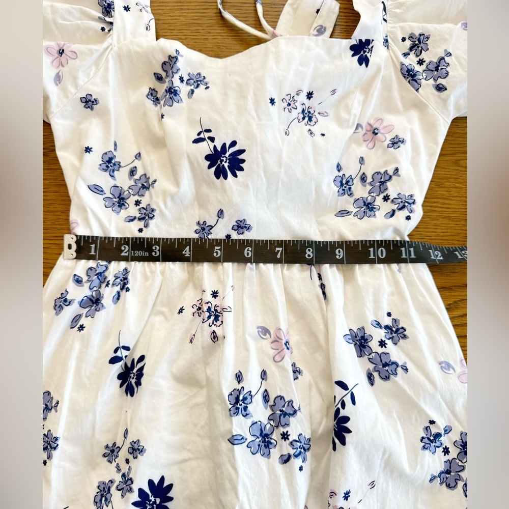 WAYF White Blue Floral Puff Sleeve Tie Back Midi Dress XS - Picture 4 of 15